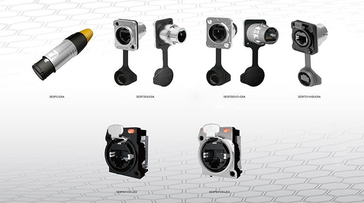 Image of rugged Ethernet and USB connectors: 568/FD/C6A, 567/FD/USB, and 567/FD/MHD/SCI. Designed for industrial use.