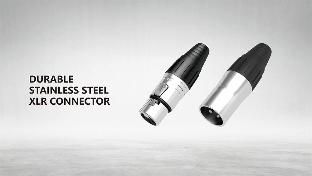 Two stainless steel XLR connectors on a plain background with the label "Durable Stainless Steel XLR Connector.